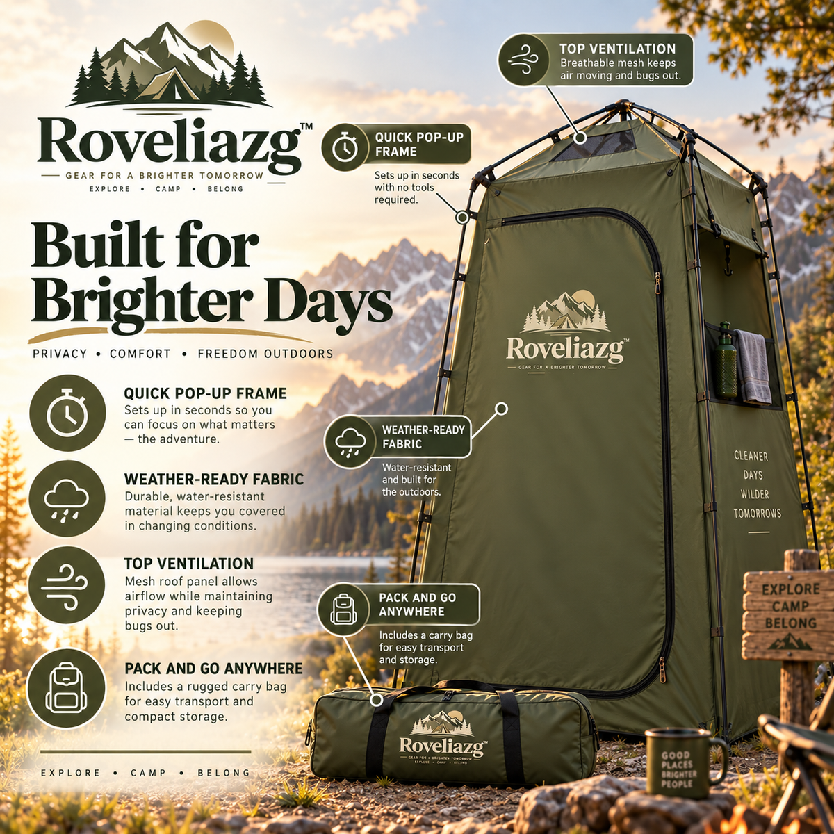 Roveliazg™ SummitHide Privacy Shelter – Portable Pop-Up Camping Shower & Changing Tent with Carry Bag