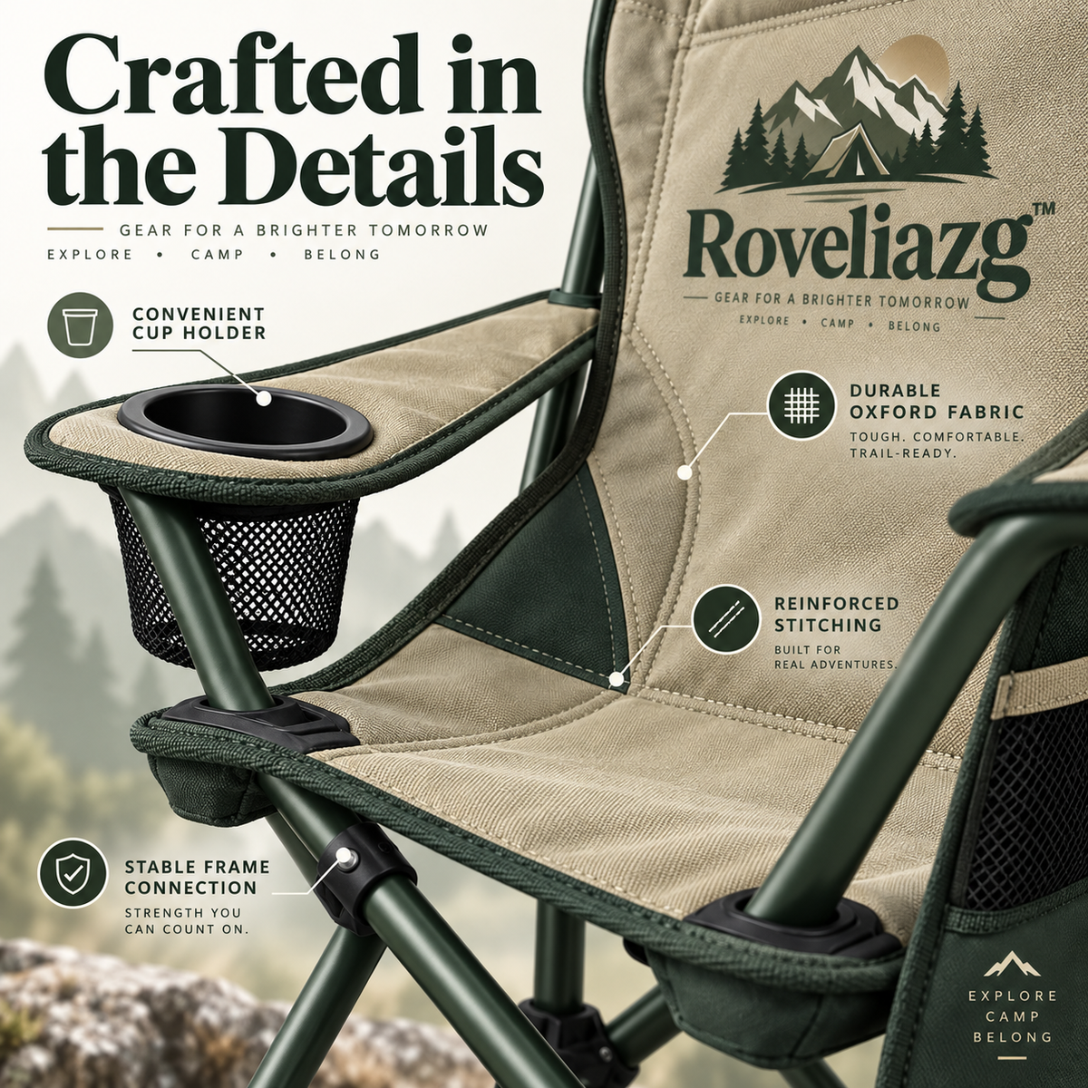 Roveliazg™ SummitRest Foldable Camping Chair – High-Back Outdoor Chair with Cup Holder & Side Storage Pocket