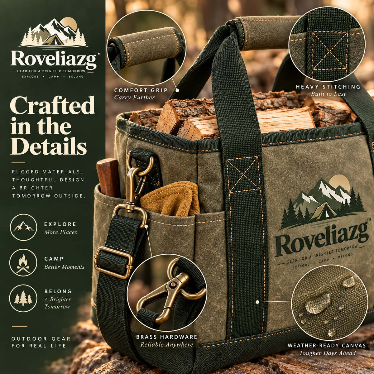 Roveliazg™ TrailCarry Firewood Tote – Heavy-Duty Waxed Canvas Log Carrier with Reinforced Handles & Shoulder Strap
