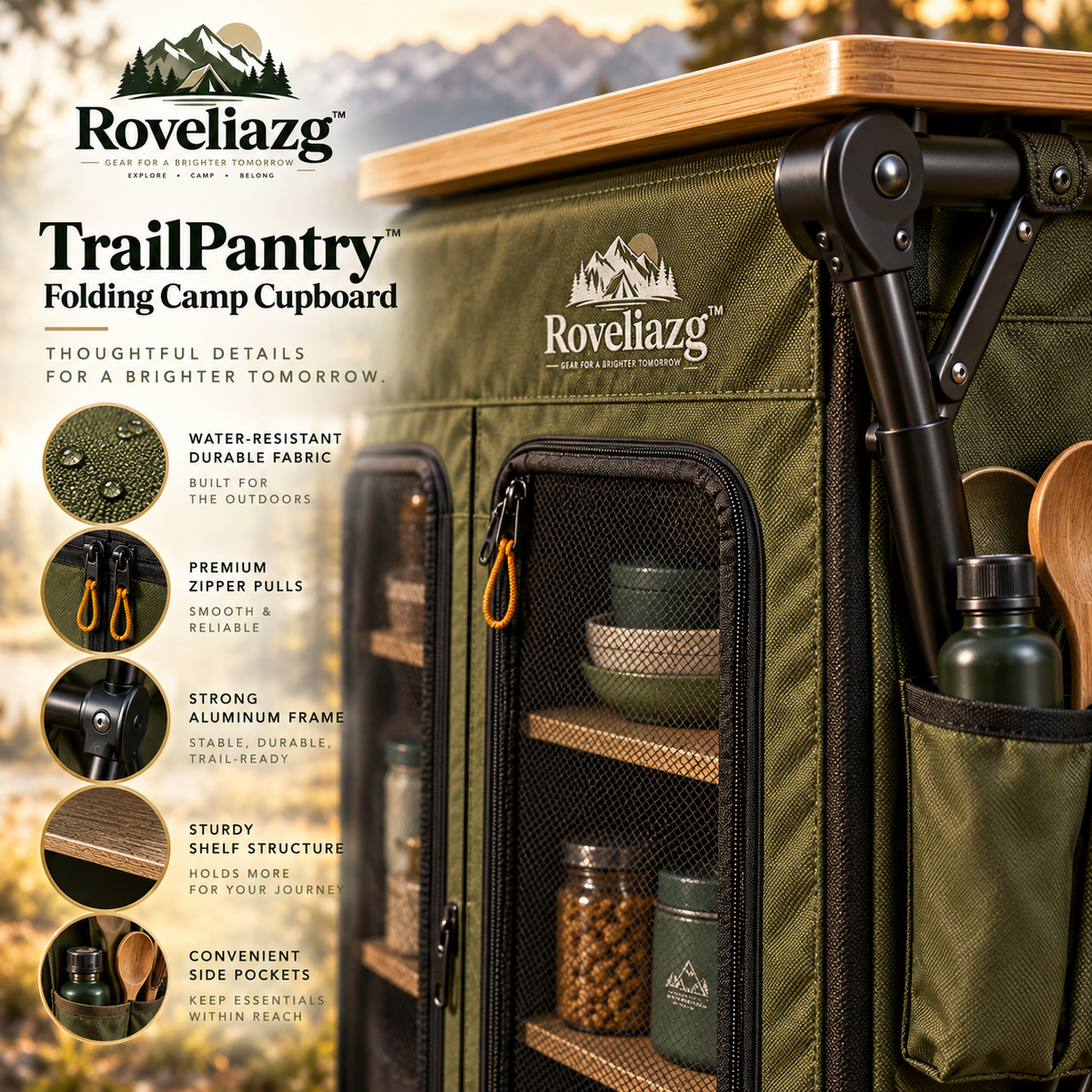 Roveliazg™ TrailPantry Folding Camp Cupboard – Portable Outdoor Storage Cabinet with Shelves, Tabletop & Carry Bag
