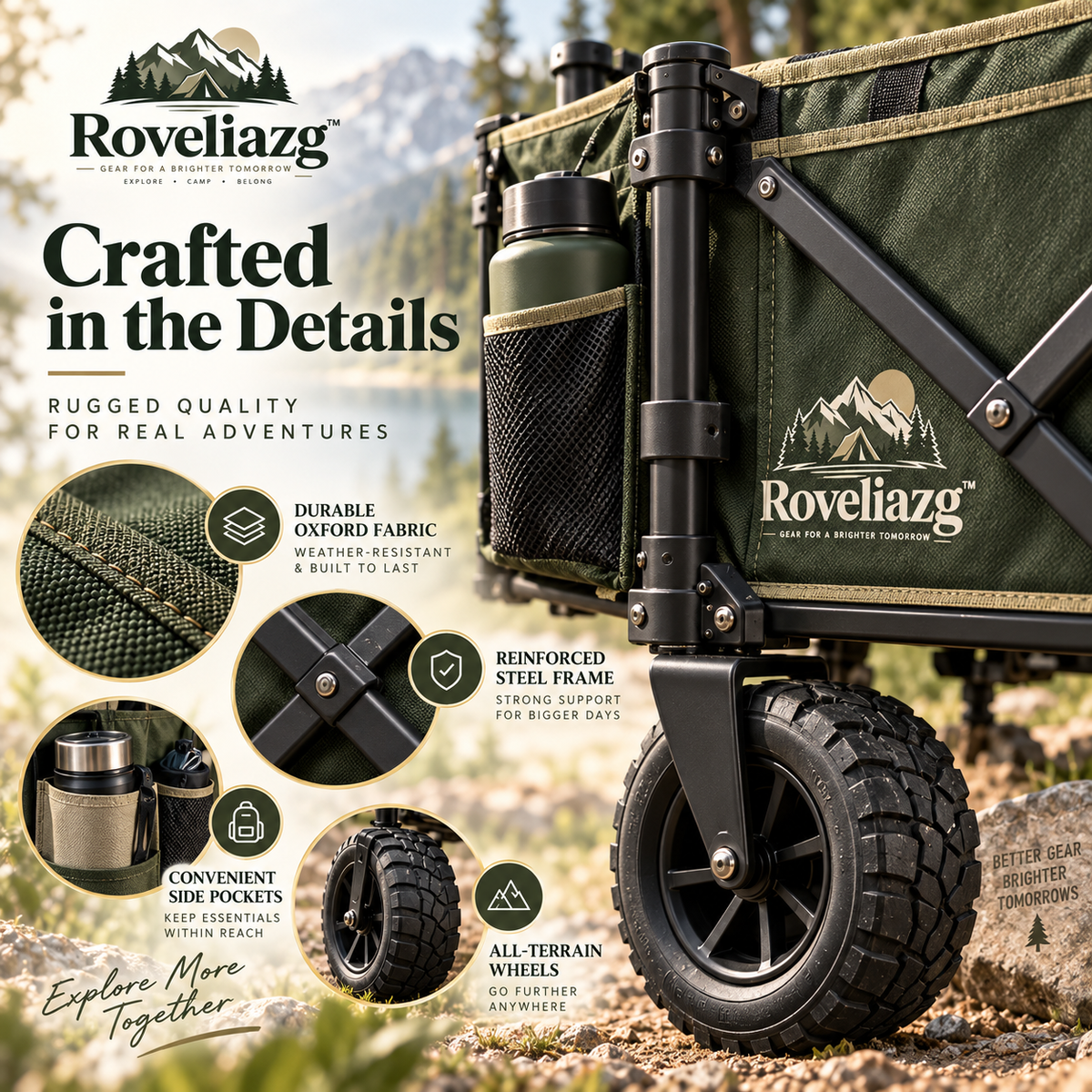 Roveliazg™ PineTrail Foldable Camping Wagon – All-Terrain Utility Cart with Large Storage Capacity & Quick-Fold Design