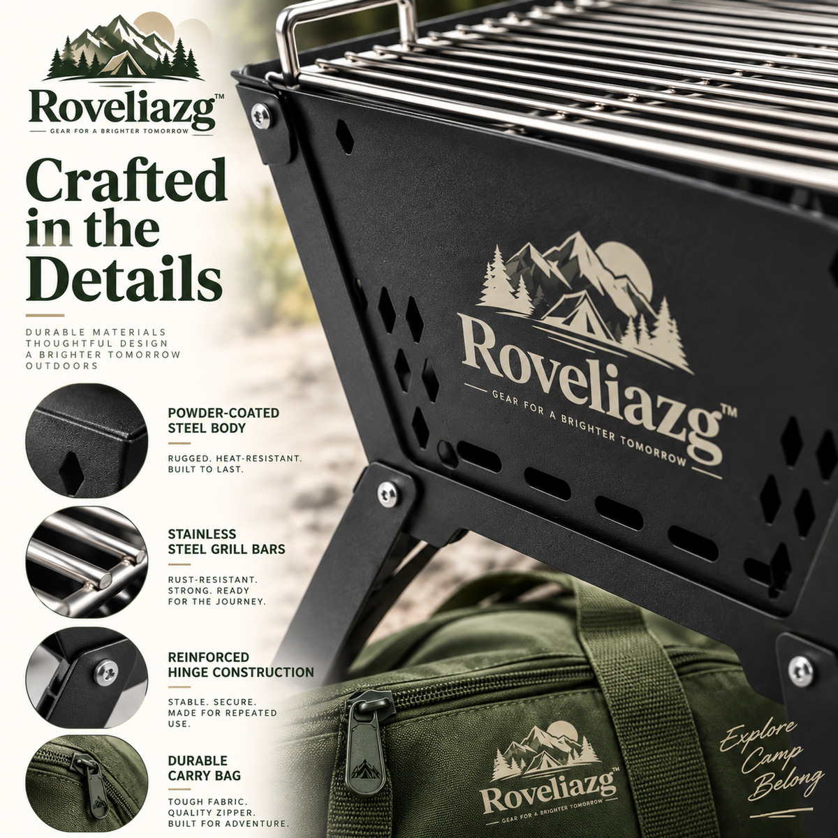 Roveliazg™ EmberFold Portable Fire Pit & Grill – Foldable Outdoor Campfire Station with Cooking Grate & Carry Bag