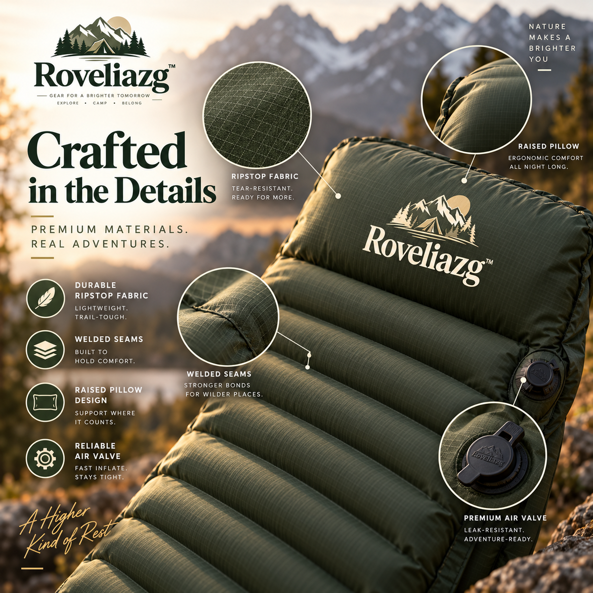 Roveliazg™ SummitNest Insulated Sleeping Pad – Ultralight Packable Camping Mat with Built-In Pillow