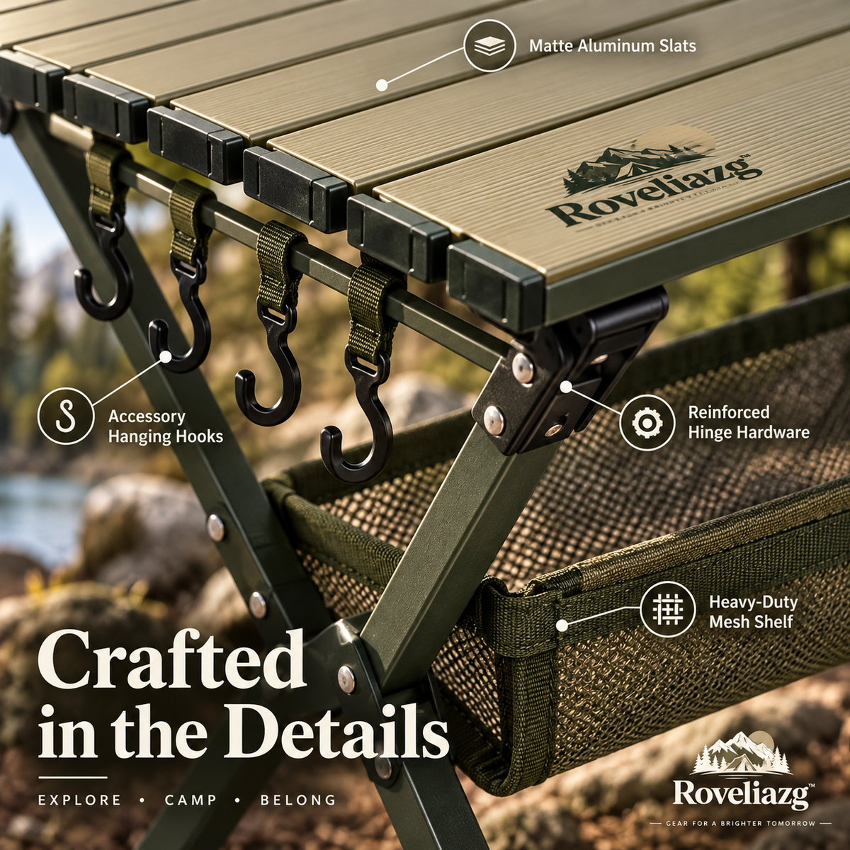 Roveliazg™ TimberPeak Foldable Camping Table – Portable Roll-Top Aluminum Outdoor Table with Mesh Storage Shelf