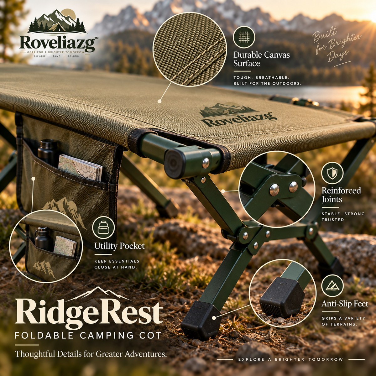 Roveliazg™ RidgeRest Foldable Camping Cot – Elevated Outdoor Sleeping Bed with Quick-Fold Steel Frame