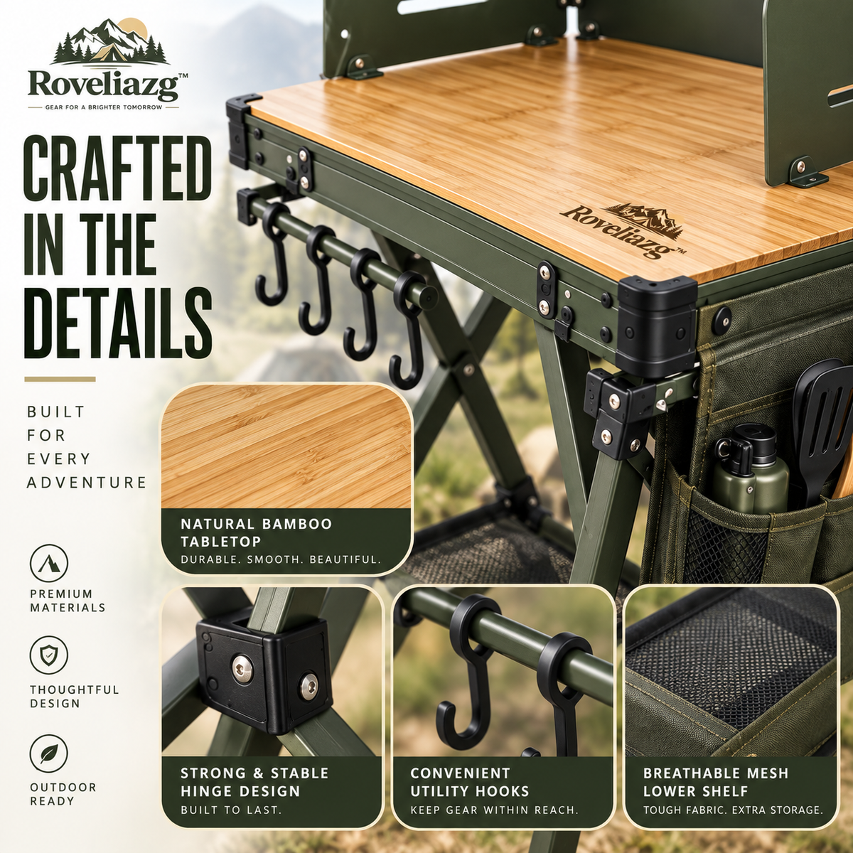 Roveliazg™ TrailCook Pro Foldable Camp Kitchen Station – Portable Outdoor Cooking Table with Wind Guard, Storage Shelf & Hanging Hooks